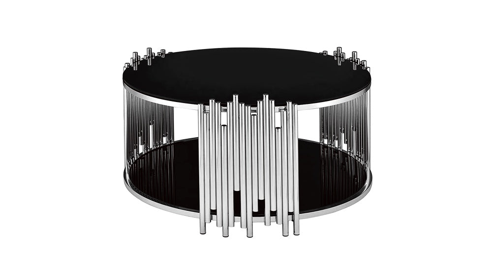 Table Basse ronde STICK Chrome et plateau en verre D90 H45 cm marbré noir