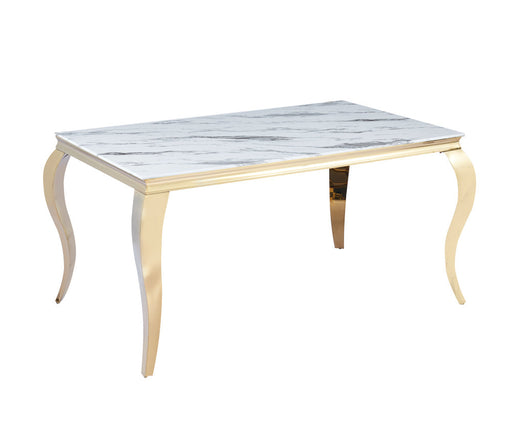 Table à manger BAROQUE 6 à 8 couverts pieds gold plateau en verre 180x90 cm marbré blanc