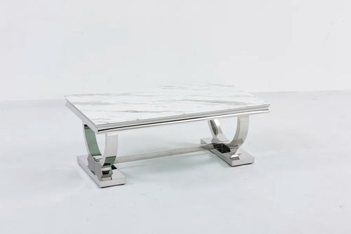 Table Basse Omega Chrome plateau verre 120x70 cmv marbré blanc