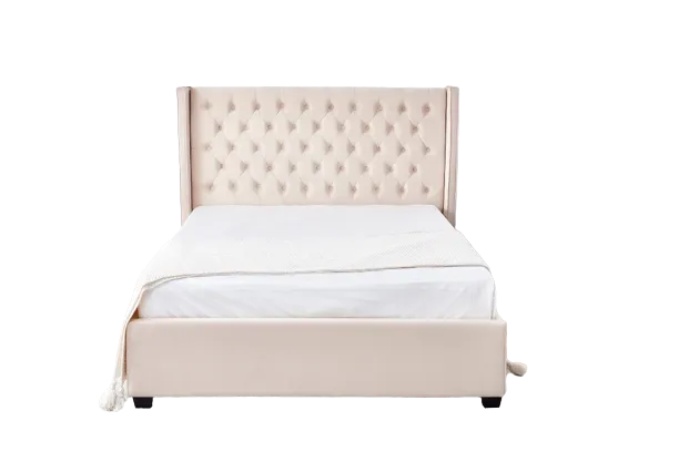 Lit 2 places 160x200 cm velours clouté ERES sommier inclus beige