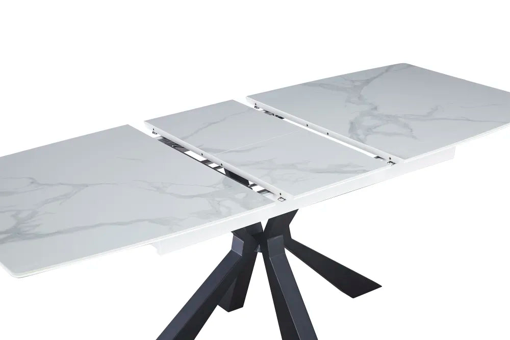 Table extensible BIANCA métal noir plateau Céramique marbré blanc