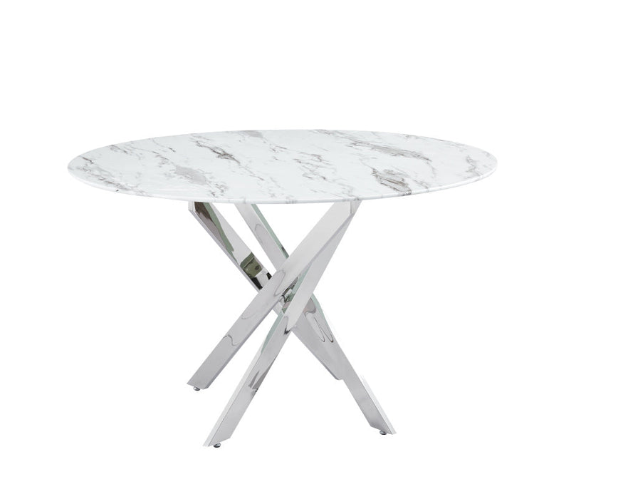 Table a manger ronde JESSICA XXL chrome 120 cm 4 couverts marbré blanc