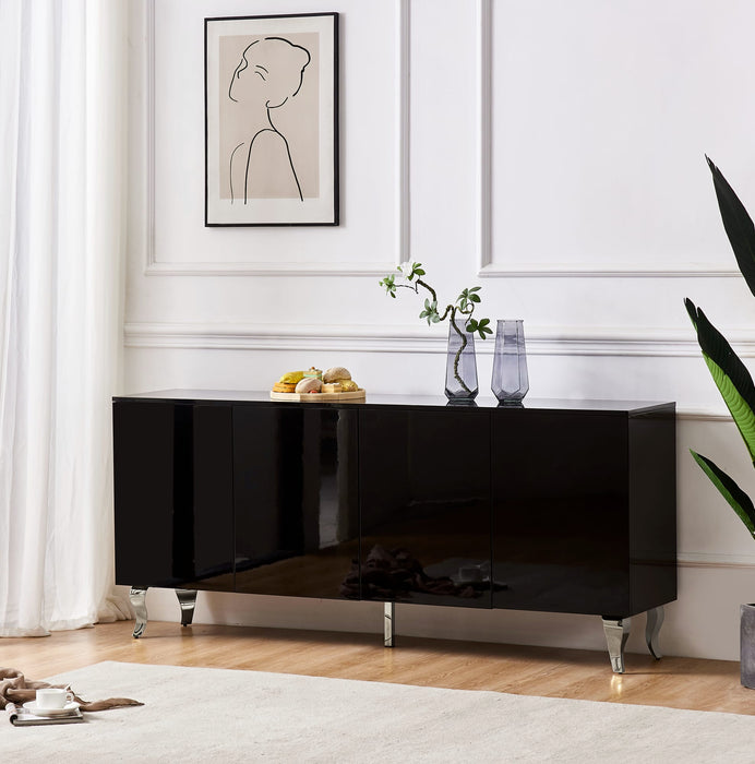 BUFFET BAROQUE LAQUE NOIR 4 PORTES 180X40X80 CM PIEDS CHROME
