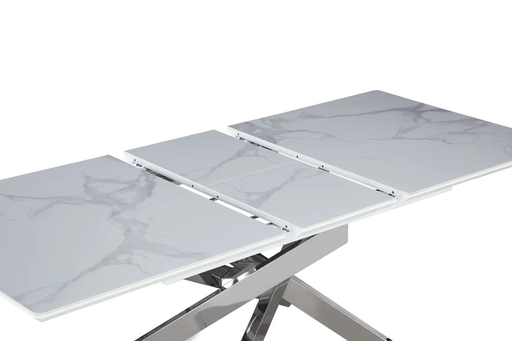 Table extensible AGATHE Chrome plateau Céramique marbré blanc