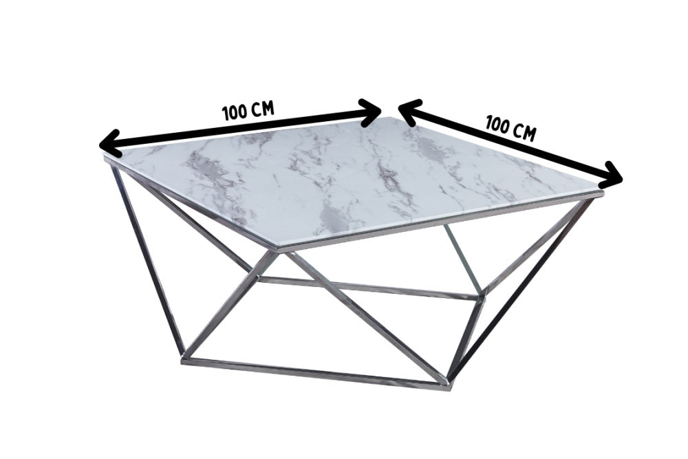 Table Basse carrée ALINA verre 100x100x45 cm marbré blanc