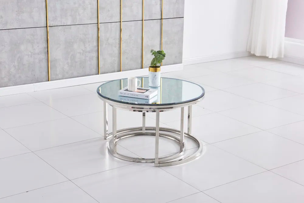 Table Basse Gigogne ARTO inox et plateau en verre miroir