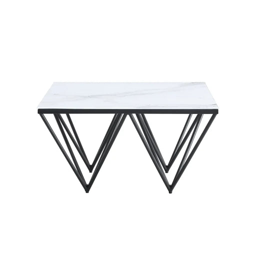 Table Basse carré GIZE pied métal noir et plateau en verre 80x80 cm marbré blanc