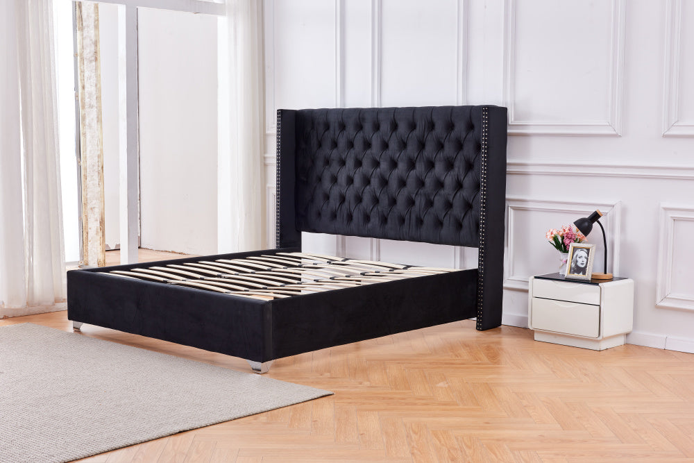 Lit double 180X200 cm PRINCESSE velours sommier inclus noir