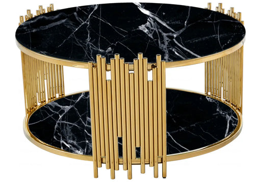 Table Basse ronde STICK Gold et plateau en verre D90 H45 cm marbré noir