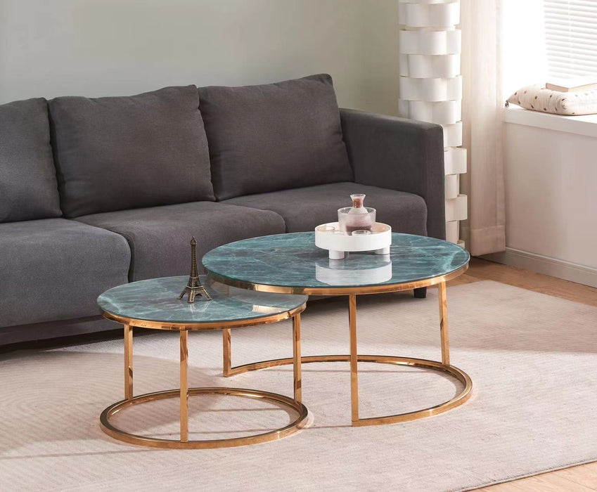 TABLE BASSE GIGOGNE ROMEO GOLD MARBRE GRIS-VERT 80x45 + 60x38 c - image 2