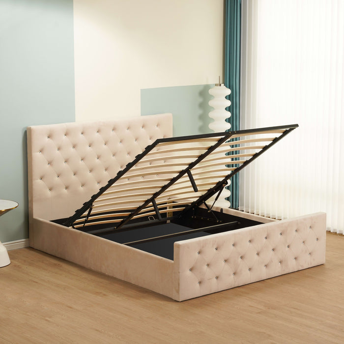 LIT COFFRE VICTORIA CAPITONNE AVEC DIAMANT VELOURS BEIGE 140X190 CM - image 1