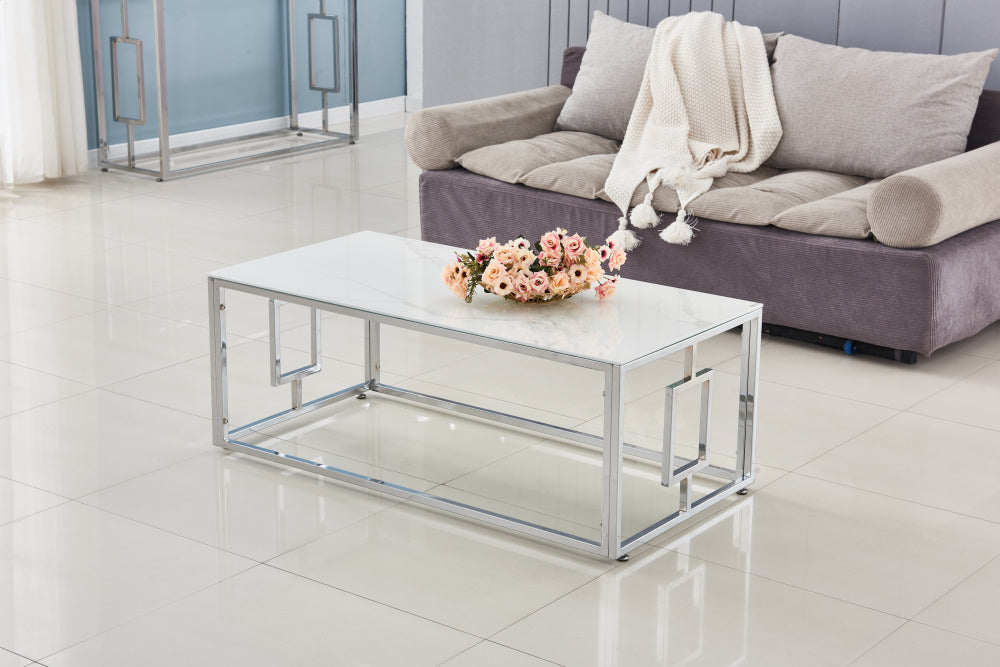 Table basse SOPHIE  pieds chromé 120 cm marbré blanc