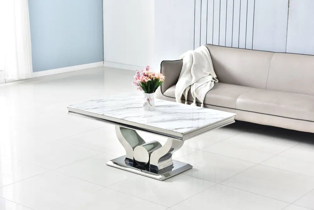 Table basse Trofy Chrome et plateau en verre 120x70 cm marbré blanc