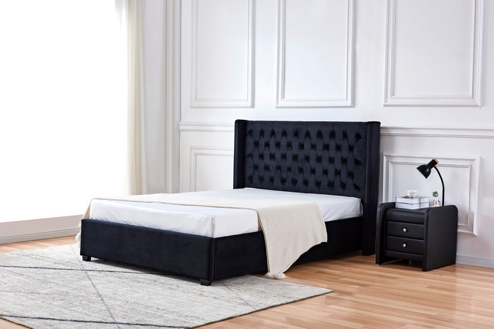 Lit 2 places 140x190 cm velours clouté ERES sommier inclus noir