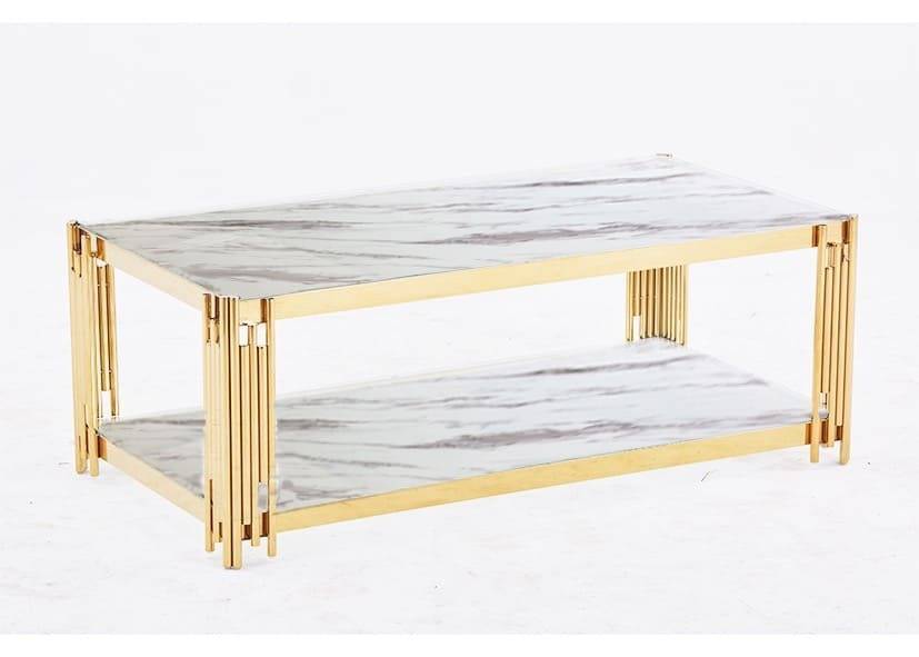 Table Basse FLUTE Gold et plateau en verre 120x60x45 cm marbré blanc