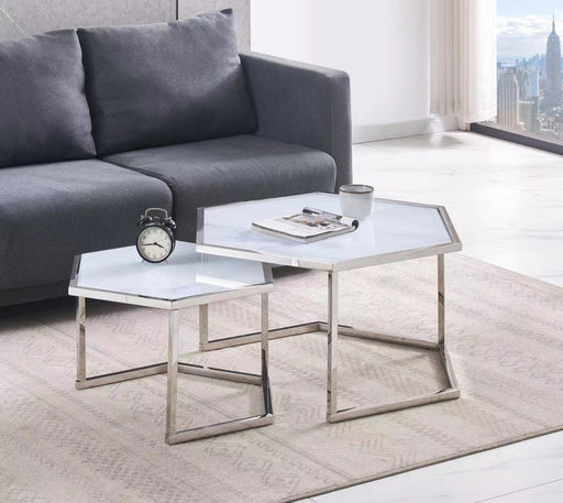 Table Basse Gigogne HEXAGONA structure chrome et plateau en verre marbré blanc