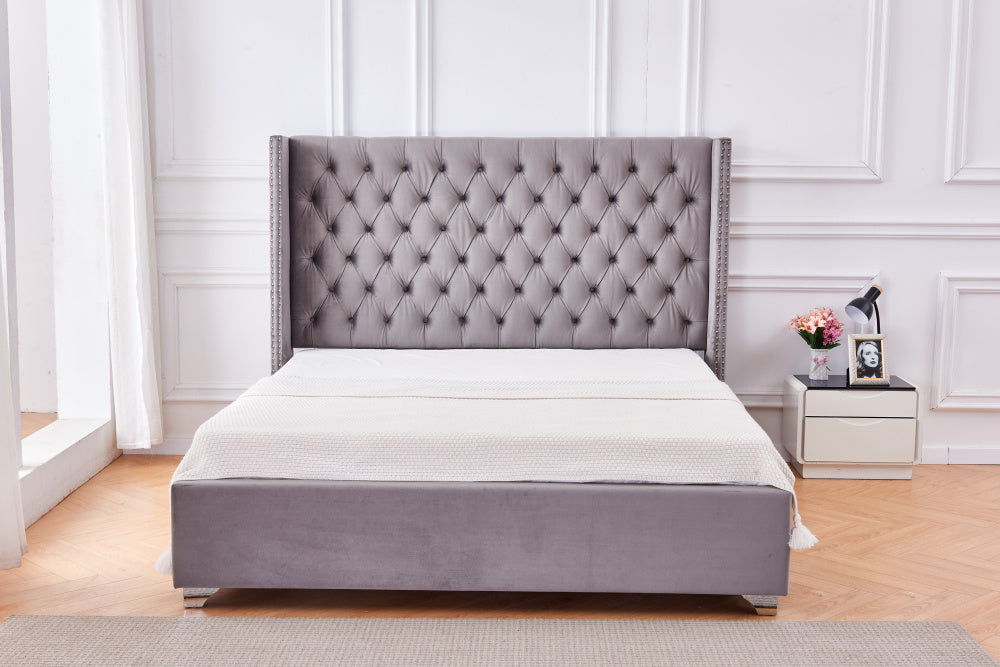 Lit double 140X190 cm PRINCESSE velours sommier inclus gris