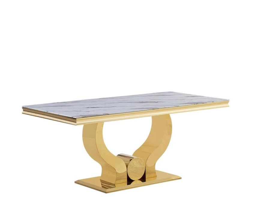 Table à manger TROFY 6 à 8 personnes gold verre 180x90 cm marbré blanc