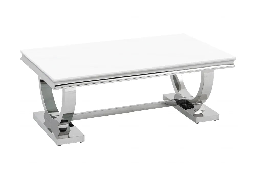 Table Basse Omega Chrome plateau verre 120x70 cmv marbré blanc