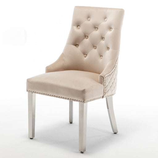 Chaise ANNEAU mattelassée et cloûtée chrome velours beige