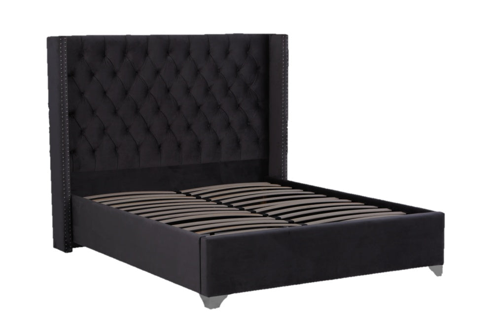 Lit double 140X190 cm PRINCESSE velours sommier inclus noir