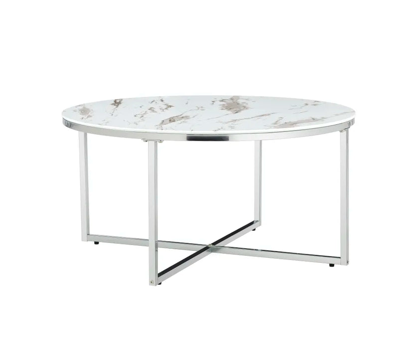 Table basse ronde LORIE chrome plateau en verre D90 cm marbré blanc