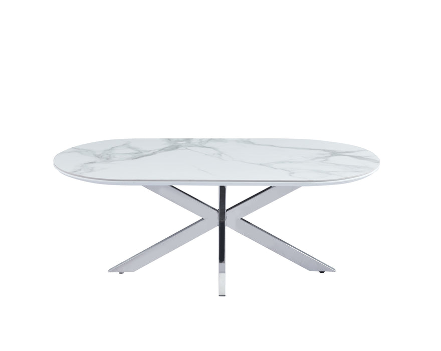 TABLE BASSE MANON PIED CHROME PLATEAU CERAMIQUE MARBRE BLANC 120X60CM - image 1