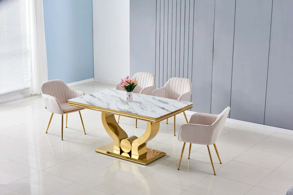 Table à manger TROFY 4 à 6 personnes Gold verre 150x90 cm marbré blanc
