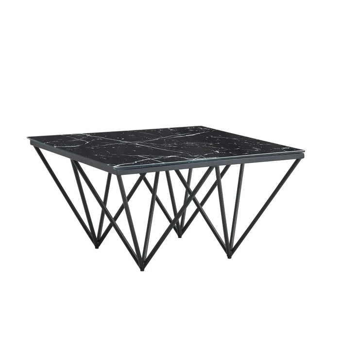 Table Basse carré GIZE pied métal noir et plateau en verre 80x80 cm marbré noir