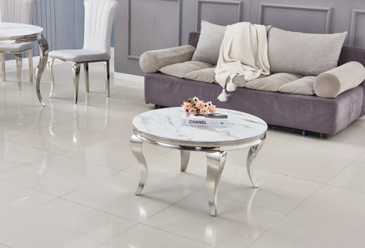 Table basse ronde baroque chrome et plateau en verre de 80 cm marbré blanc