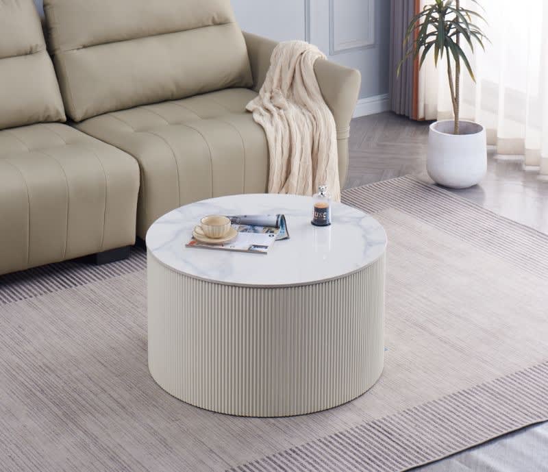 TABLE BASSE VALMY PIEDS BEIGE PLATEAU CERAMIQUE MARBRE BLANC 80X45 - image 1