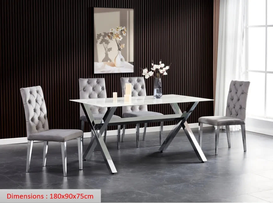 Table à manger IXE chrome XXL plateau marbre blanc 180 cm - image 1