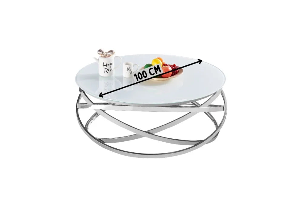 Table Basse EVOL structure chrome et plateau en verre D 100cm blanc