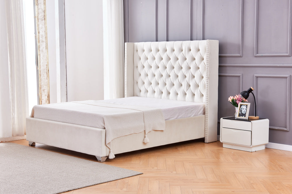 Lit double 180X200 cm PRINCESSE velours sommier inclus beige