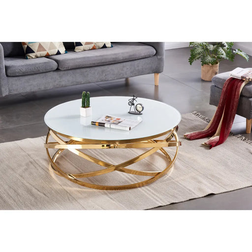 Table Basse EVOL structure Gold et plateau en verre D 100cm blanc