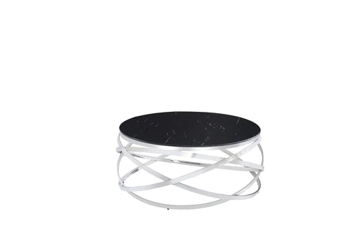 Table Basse EVOL structure chrome et plateau en verre D 90cm marbré noir