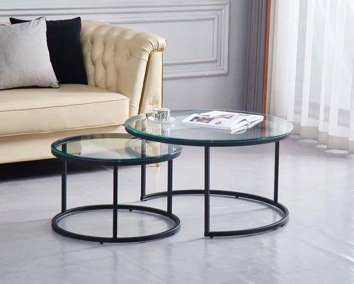 Table Basse Gigogne ARTO métal noir et plateau en verre transparent