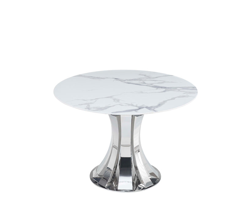 TABLE A MANGER RONDE JUDITH CHROME PLATEAU CERAMIQUE MARBRE BLANC 120cm - image 1