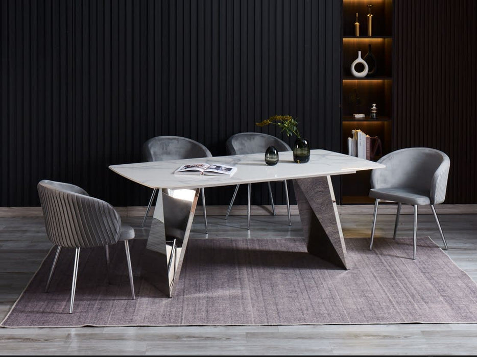 TABLE A MANGER GRAFFI PIED CHROME PLATEAU EN CERAMIQUE MARBRE BLANC180x90x75cm - image 5