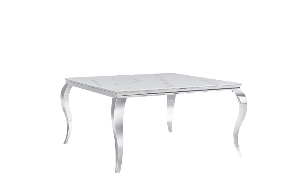 Table à manger Carré BAROQUE Chrome 140x140 cm marbré blanc