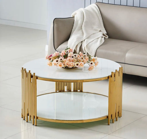 Table Basse ronde STICK Gold et plateau en verre D90 H45 cm blanc