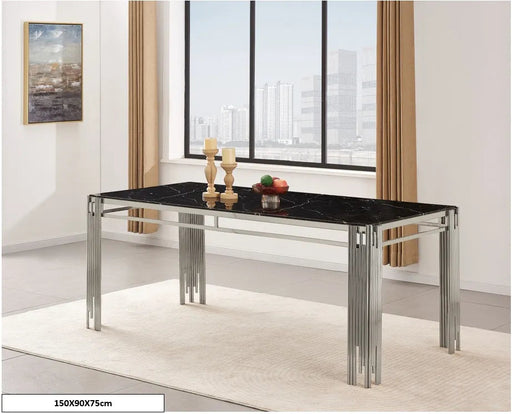 Table à manger FLUTE Chrome Plateau en verre Marbré 150 cm marbré noir