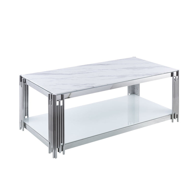 Table Basse FLUTE Chrome  et plateau en verre 120x60x45 cm marbré blanc