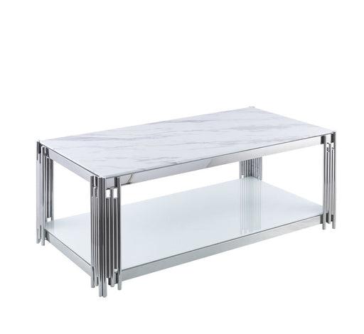 Table Basse FLUTE Chrome plateau en verre 120x60x45 cm marbre blanc