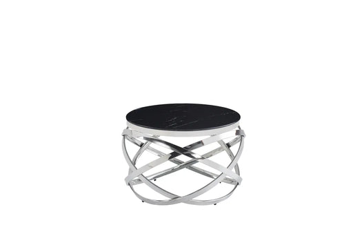 Table Basse EVOL structure chrome et plateau en verre D 60cm marbré noir