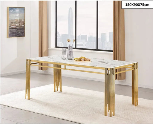 Table à manger FLUTE Gold Plateau en verre 150 CM marbré blanc