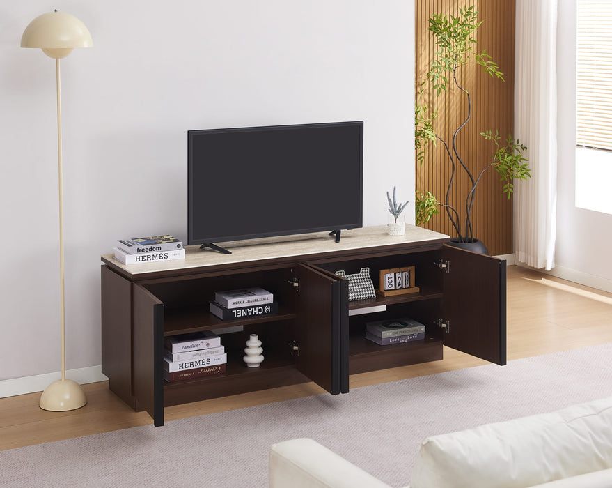 MEUBLE TV BAIETA MDF EFFET NOYER PLATEAU CERAMIQUE TRAVERTIN MAT 160CM - image 5