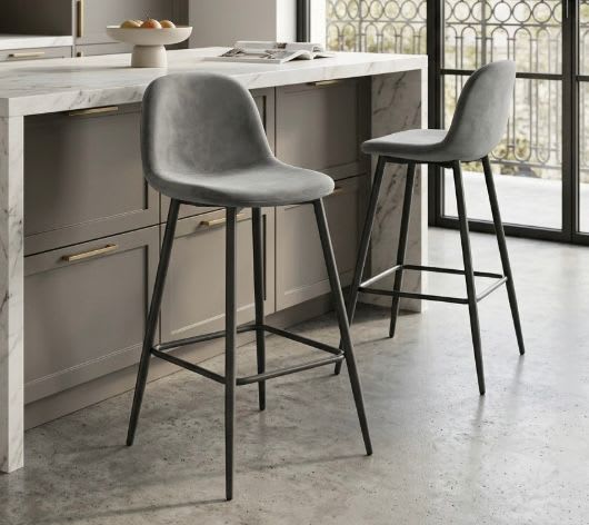 TABOURET DE BAR SCANDINAVE METAL NOIR VELOURS GRIS - image 1