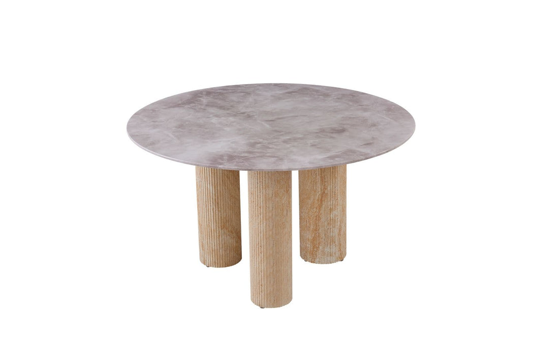 TABLE REPAS ANAÏS PIEDS TRAVERTIN PLATEAU CERAMIQUE MARBRE GRIS 120CM - image 1