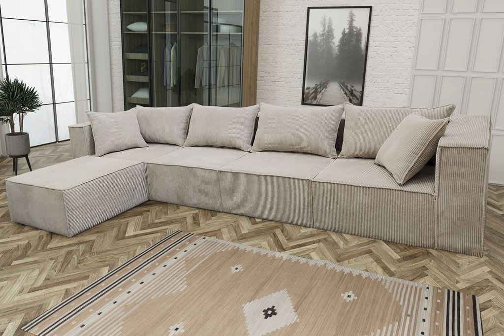 CANAPE MODULO 4+1 ANGLE GAUCHE COTELE ECRU